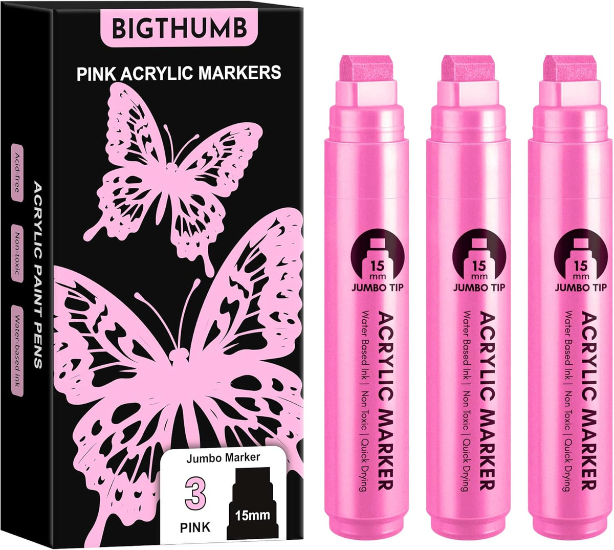 3 Pcs Pink Jumbo Permanent Markers: 15mm Wide Tip Thick Acrylic Paint Pen Large Calligraphy Marker