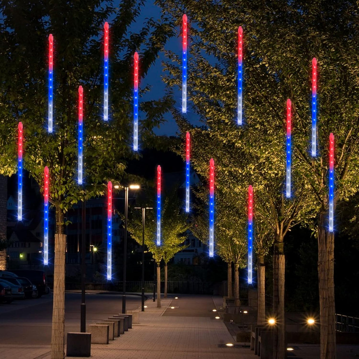 Dazzle Bright 4th of July Lights Decorations, 288LED Red Blue and White Meteor Shower Rain Lights