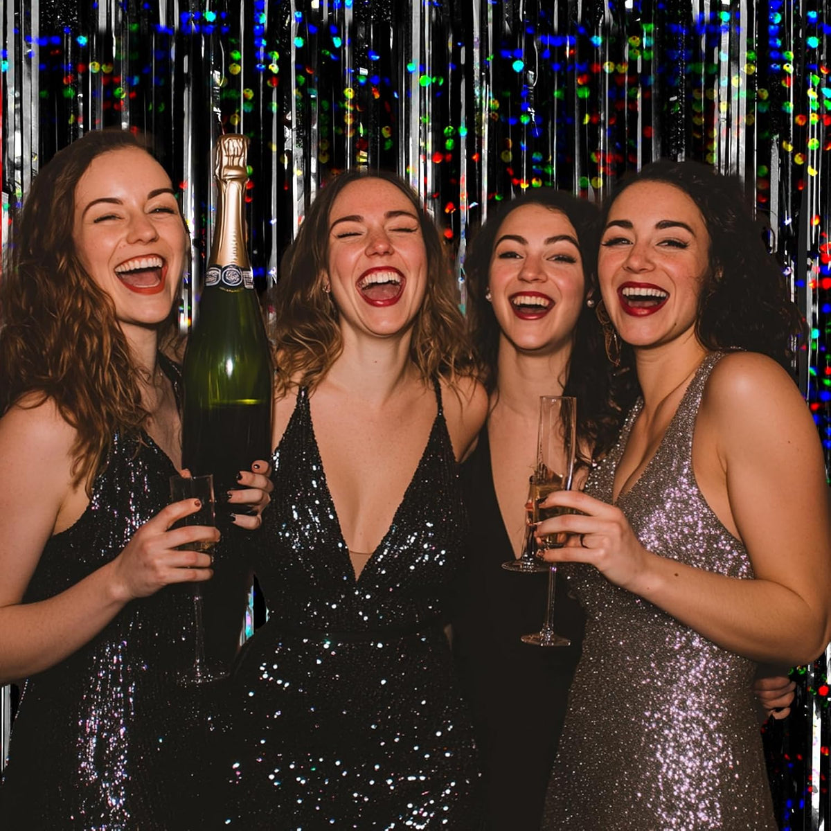 4 Packs Black Foil Fringe Curtain, Glitter Metallic Tinsel Backdrop for Birthday, Wedding, Bridal