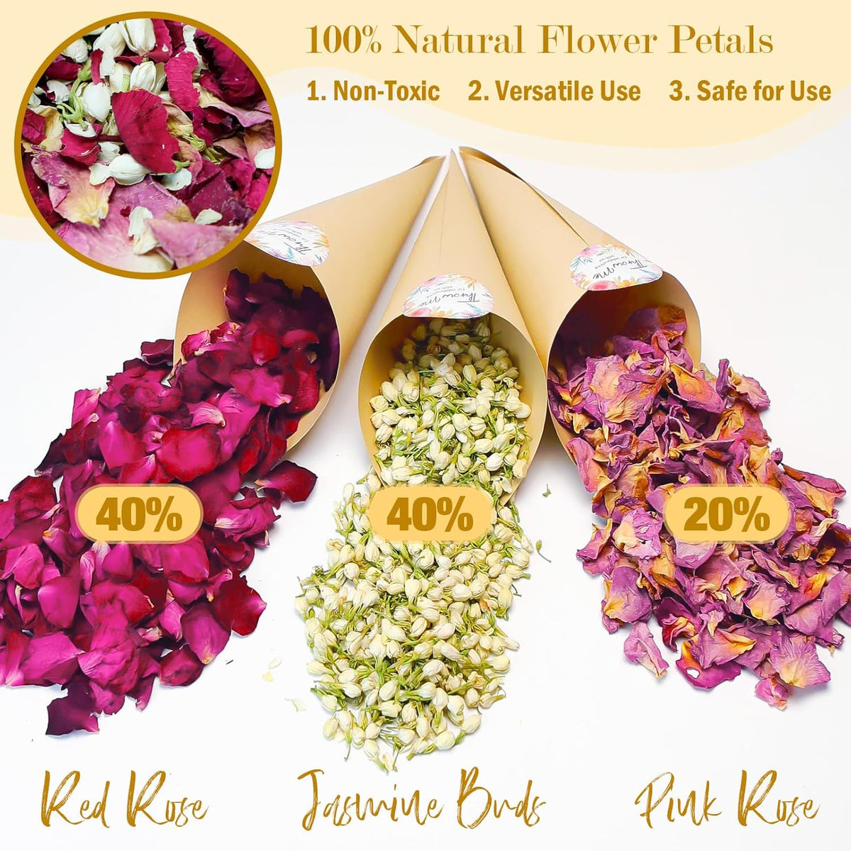 20+ Cups Mix Real Rose Petals Biodegradable Wedding Confetti, 2 QT of Pink Red Flower Jasmine for