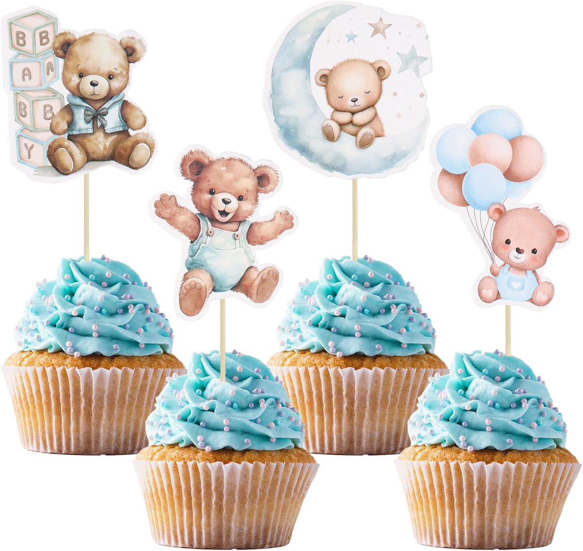 Gyufise 32Pcs Baby Shower Bear Cupcake Toppers Moon Baby Bear Baby Shower Cake Topper Decorations