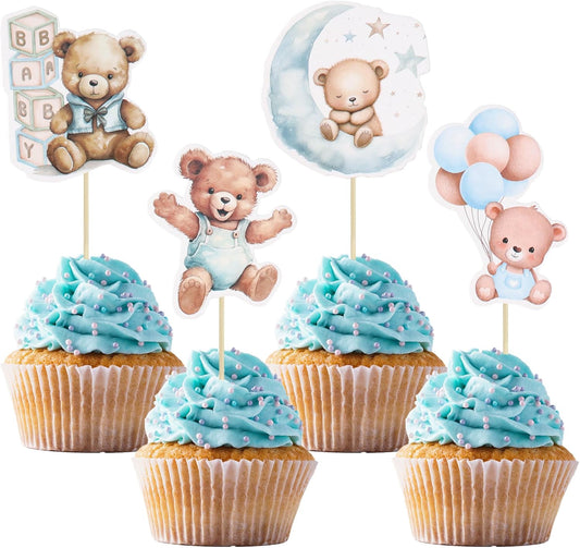 Gyufise 32Pcs Baby Shower Bear Cupcake Toppers Moon Baby Bear Baby Shower Cake Topper Decorations