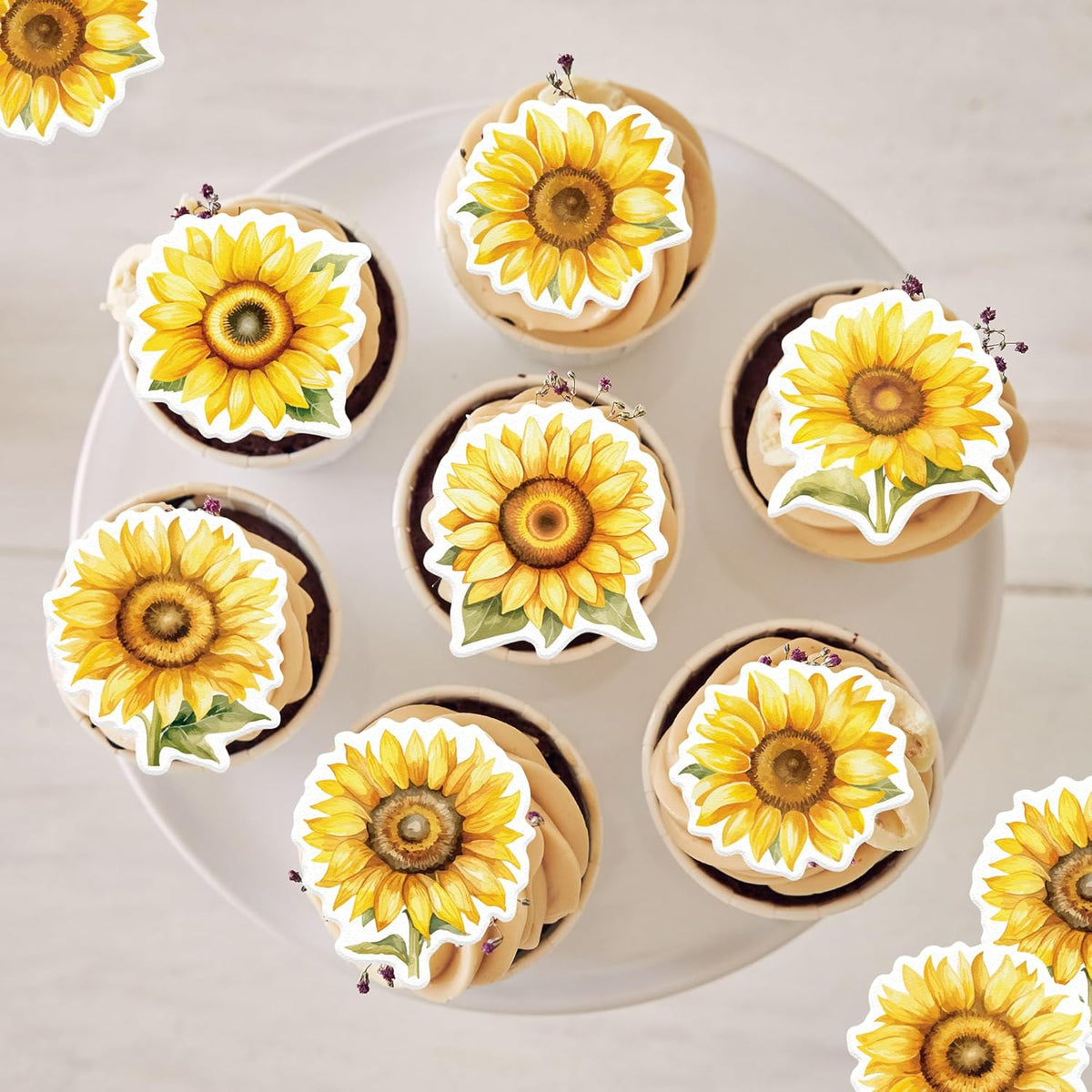 48 Pack Edible Sunflowers Cupcake Toppers Wafer Paper Floiwers Cupcake Picks Edible Yellow Sun