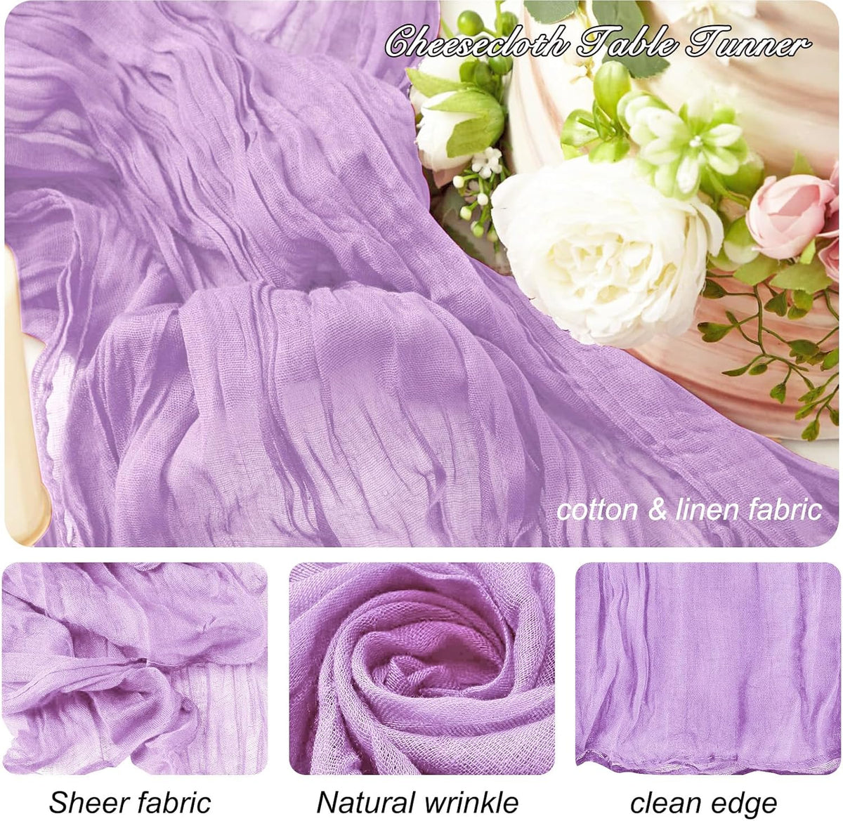 8 Pack 10Ft Table Runner 35x120 inch Purple Boho Gauze Table Cheese Cloth Long Wrinkled Sheer Table