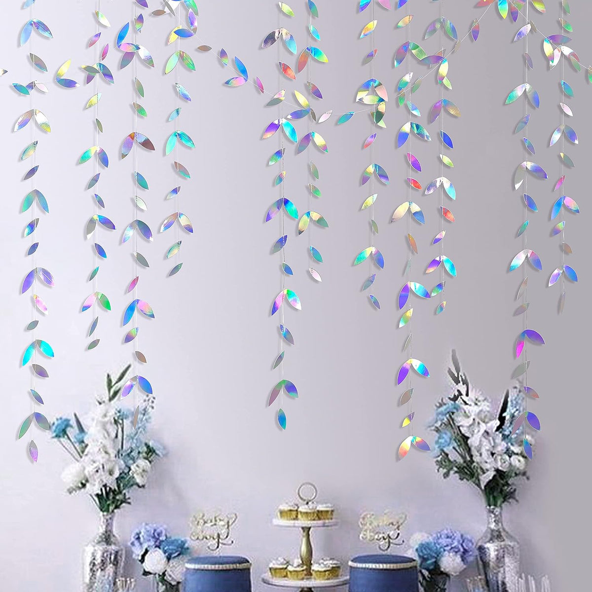52Ft Iridescent Leaf Garland Holographic Paper Colorful Hanging Leaves Streamer Banner for Birthday