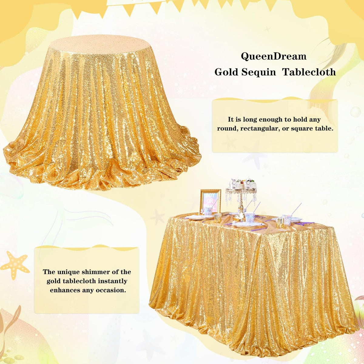 QueenDream Gold Table Cloth Party Decorations: Sequin Fabric 90x90 Inch Sparkle Tablecloths - Gold