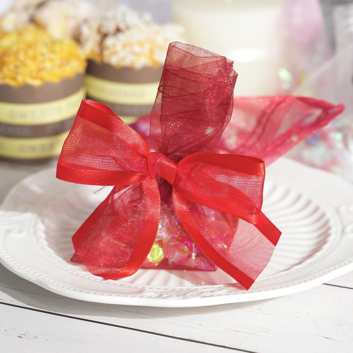 AIMUDI Red Bows for Crafts 4" Organza Bows Premade Twist Ties Bows for Gift Wrapping Crafts Treat