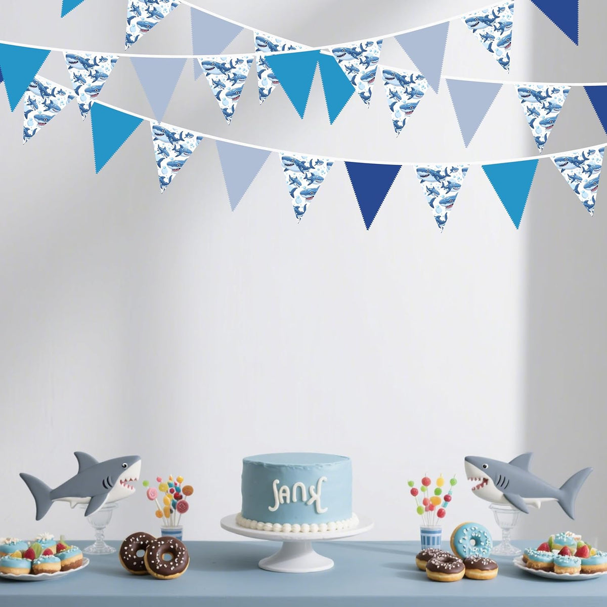32Ft Shark Party Decorations Blue Cute Shark Triangle Flag Pennant Banner Fabric Garland Streamer