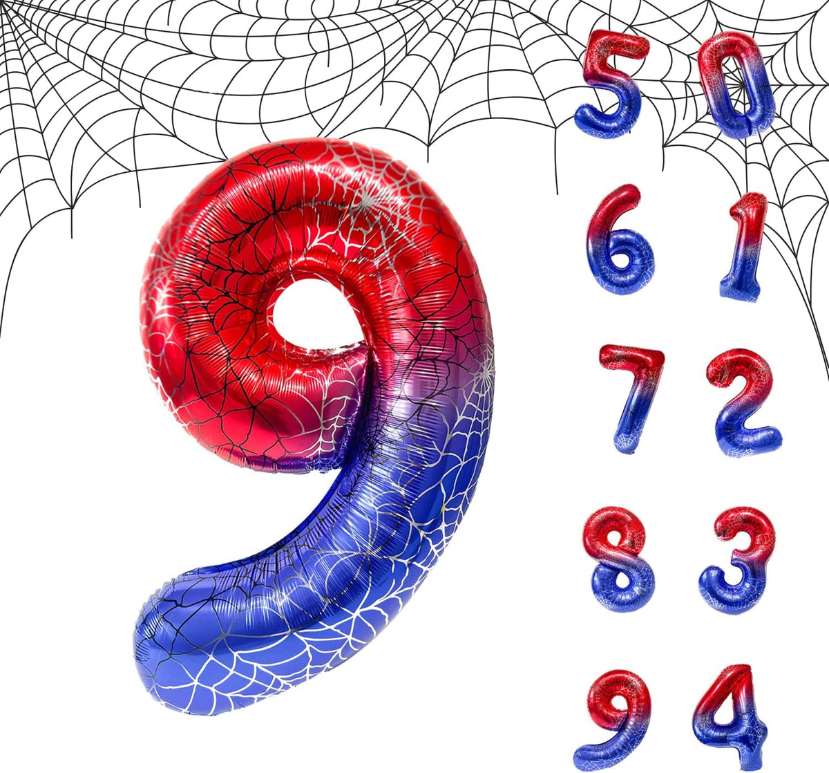 Spider Web 40Inch Foil Number Balloons Set 0-9 Includes Inflation Straws - Giant 7 Decor for