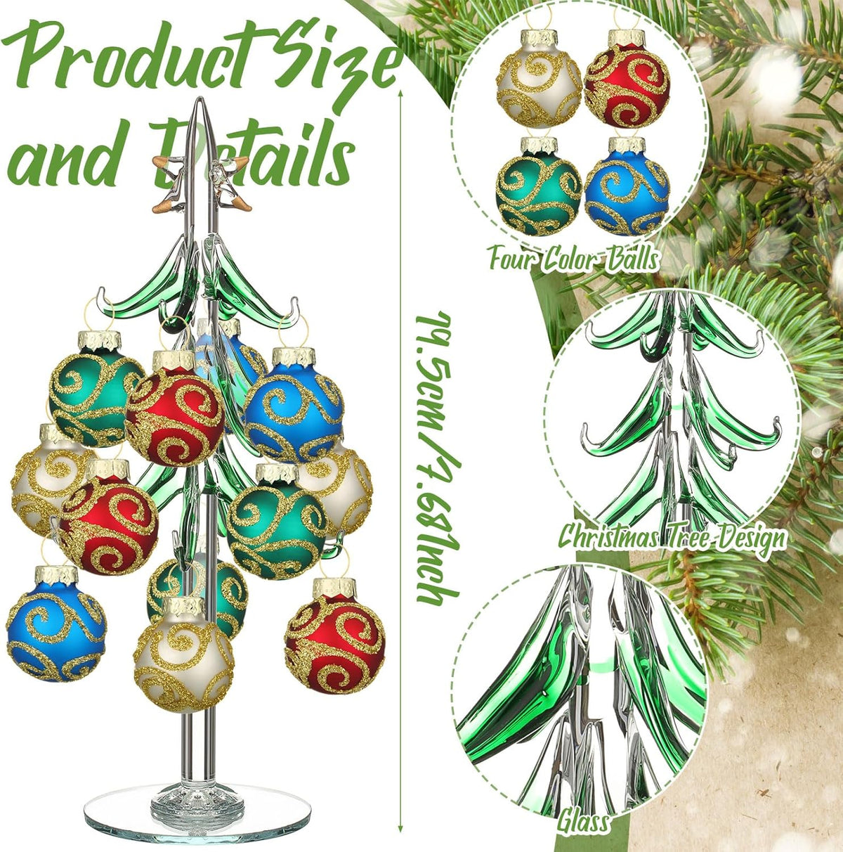 Glass Christmas Tree with 12 Ornament Glitter Balls Tabletop Wine Glass Charms Miniature Christmas