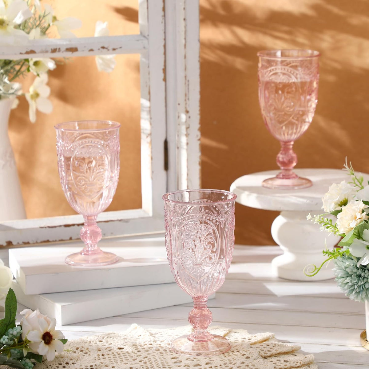 18 Pack Plastic Goblets 10oz Upgrade Vintage Water Goblet Plastic Wine Glasses Colored Retro