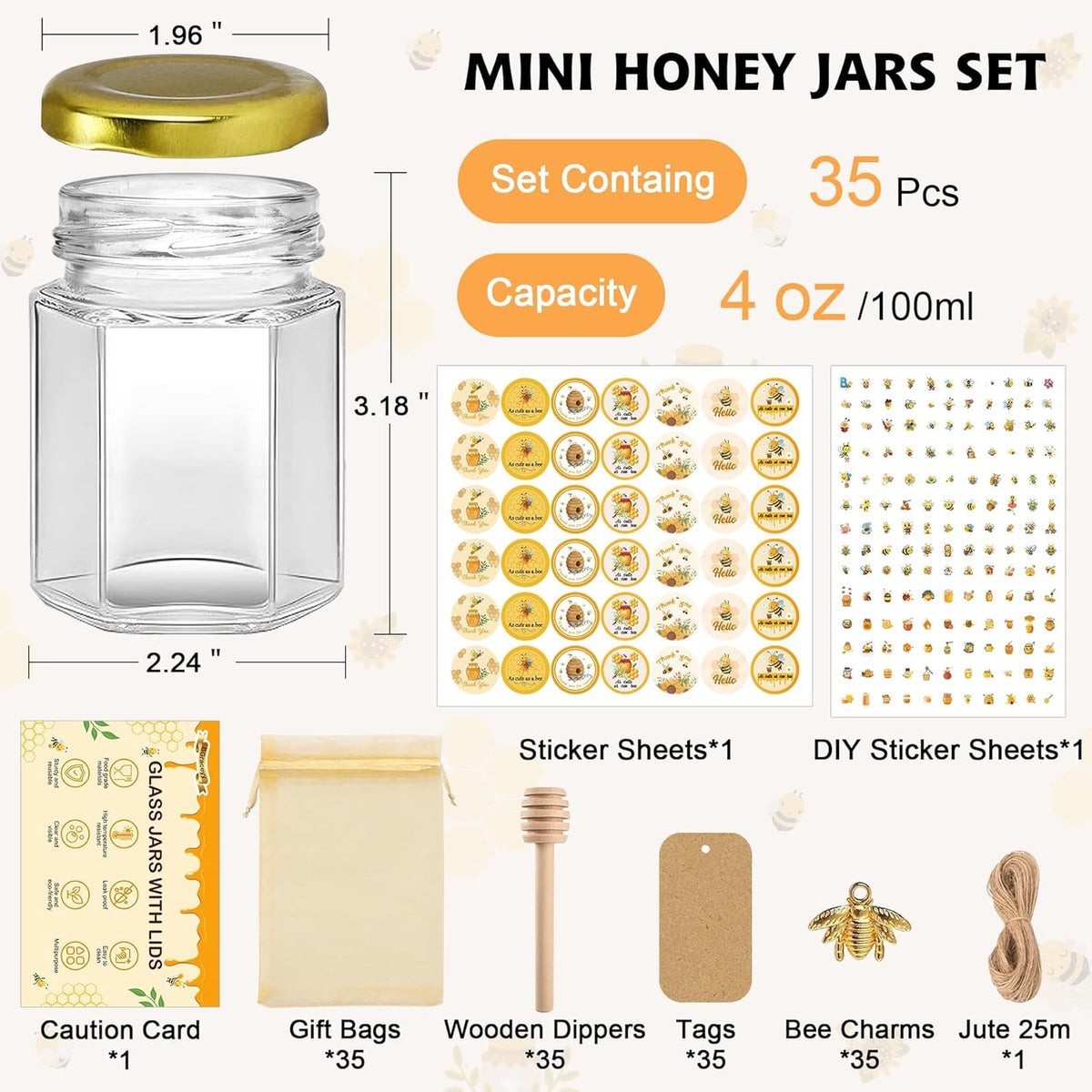 35 Pack 4 oz Mini Hexagon Glass Honey Jars with Dippers, Gold Lids, Bee Stickers, Bee Charms, Gift