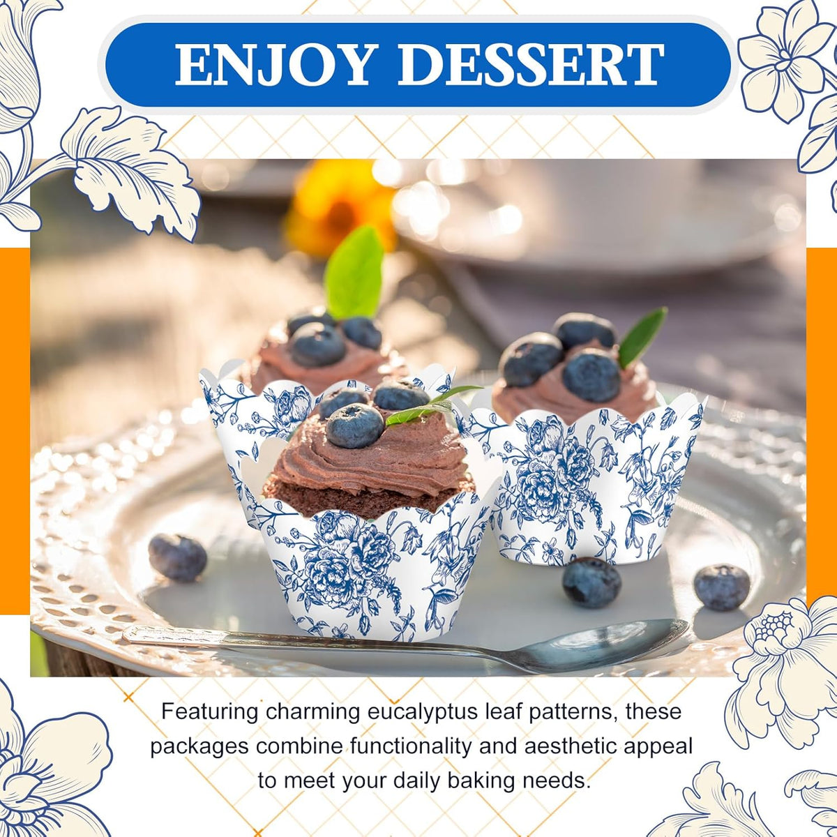 Domensi 100 Pcs Blue Floral Cupcake Wrappers Rustic Cupcake Liners Baking Cups Baking Liners for