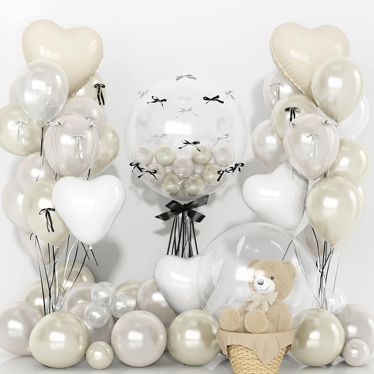 Pearl Balloons Bobo Heart Balloons, 22 18 12 In Pearl White Sand Cream Clear Balloon Bubbles