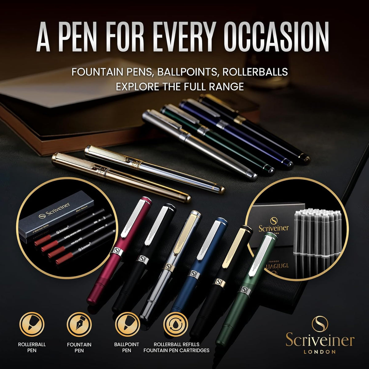 Scriveiner Black Green Fountain Pen - Stunning Luxury Pen with Chrome Finish, Schmidt Nib (Fine)