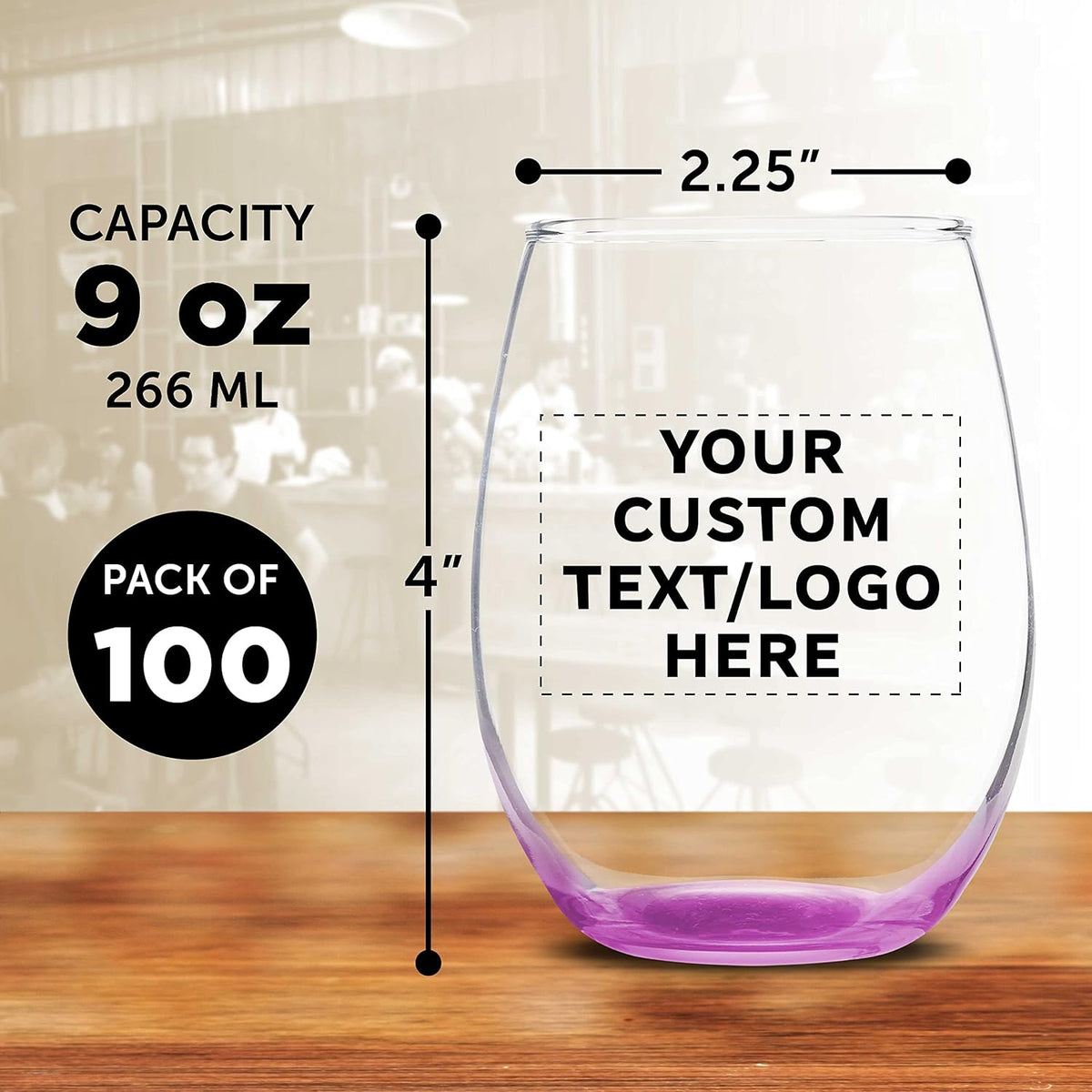 Custom Stemless Wine Glass 9 oz. Set of 100, Personalized Bulk Pack - Great for Wedding Favors
