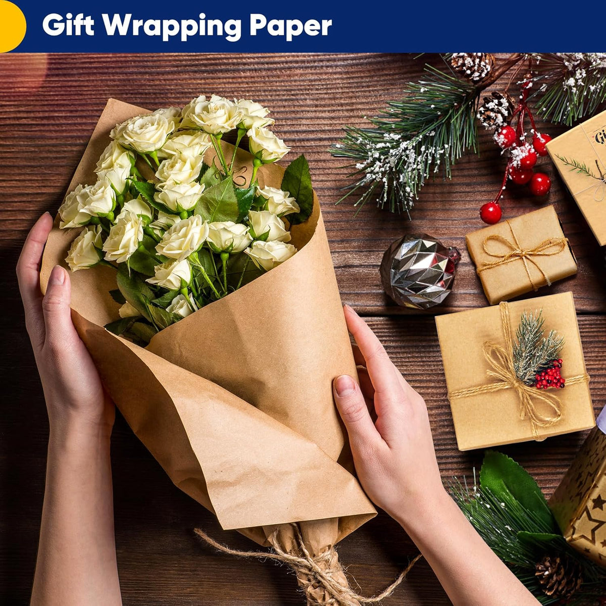 Vanhench 17.5" x 3600" (300') Brown Kraft Paper Roll, Color Art Kraft Craft Paper for Bouquet