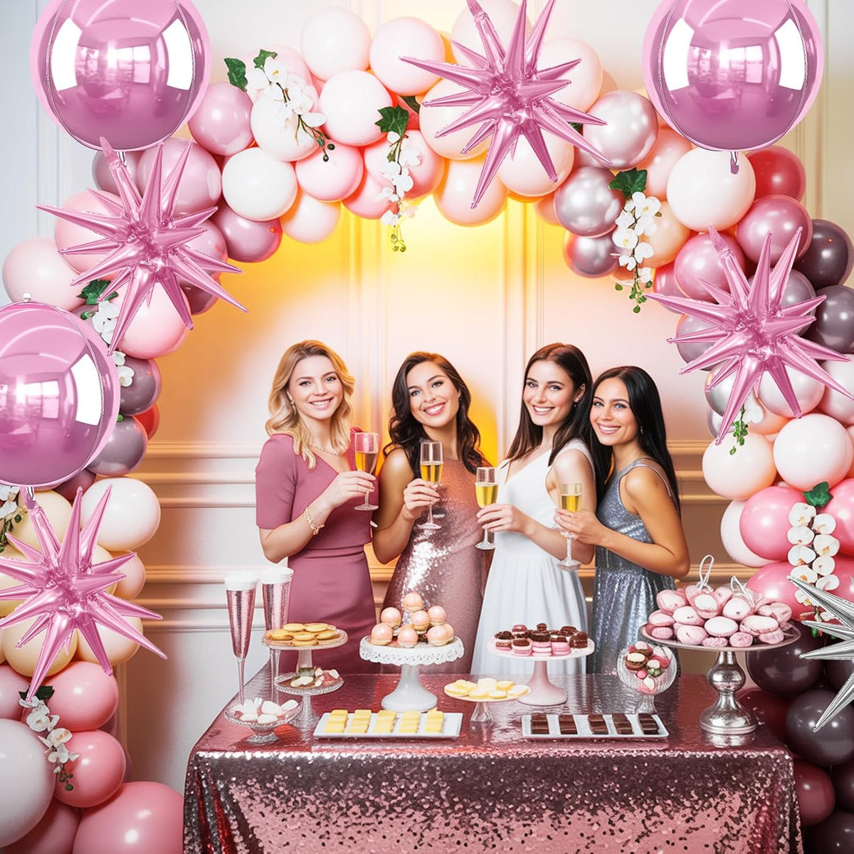 6Pcs Pink Foil Balloons,22Inch Light Pink 4D Round Ball Balloon and Explosion Star Balloon for