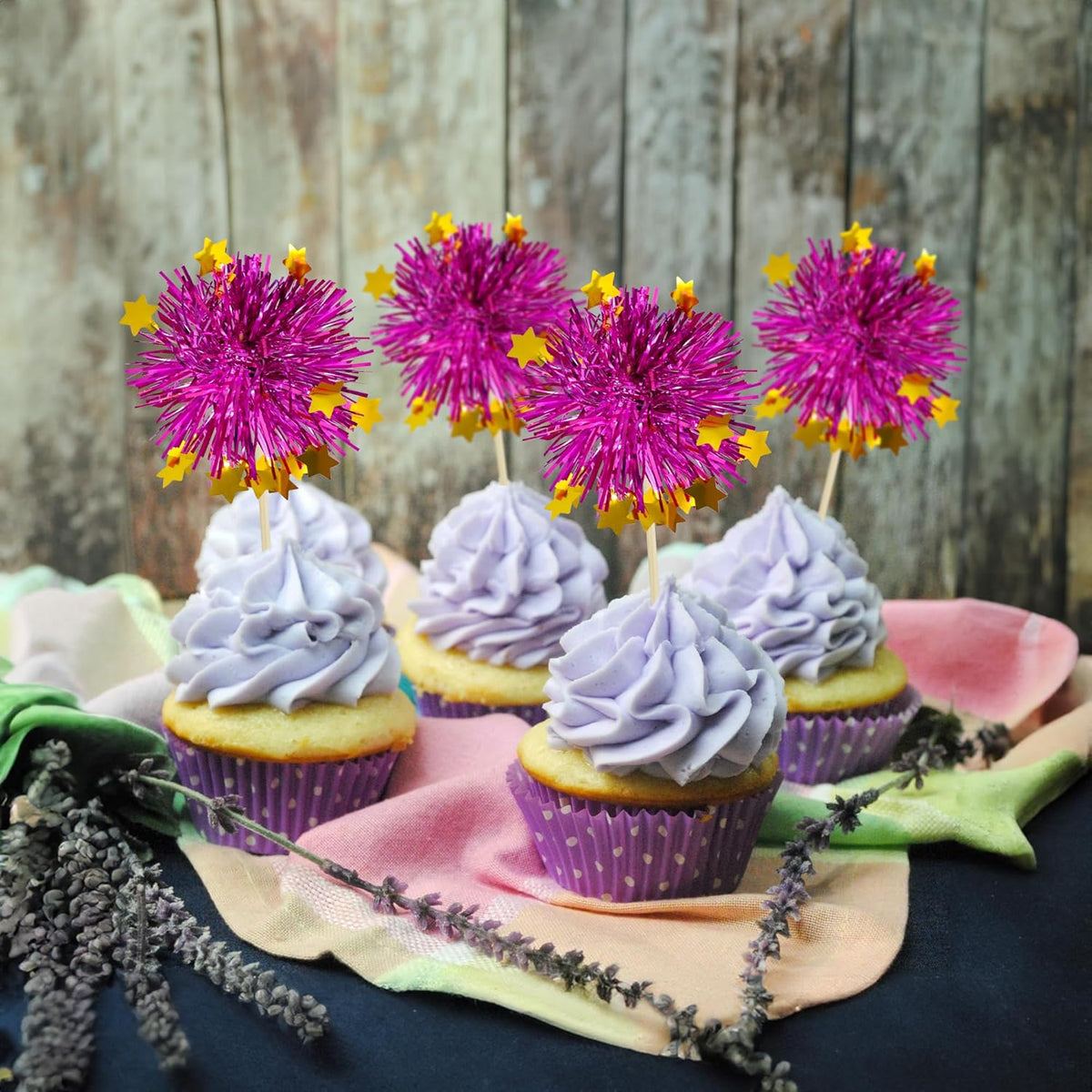 Ephlyn 30Pcs Foil Firework Cupcake Toppers Party Birthday Cake Toppers Supplies Sparkle Tinsel