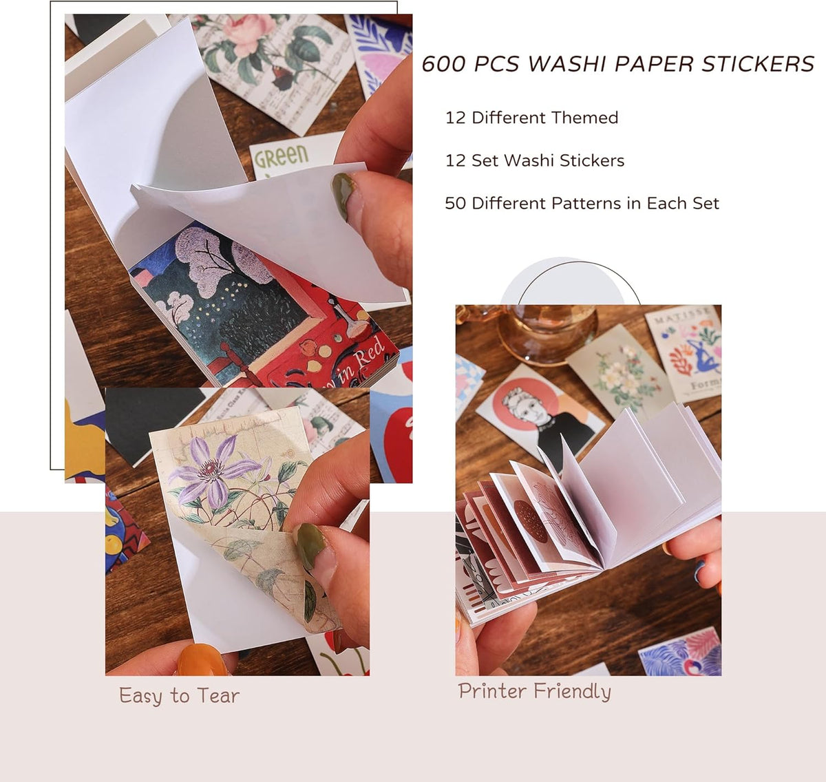 12 Sets 600 Sheets Washi Stickers for Journaling, Boho, Abstract, Vintage Scrapbook Sticker Set for