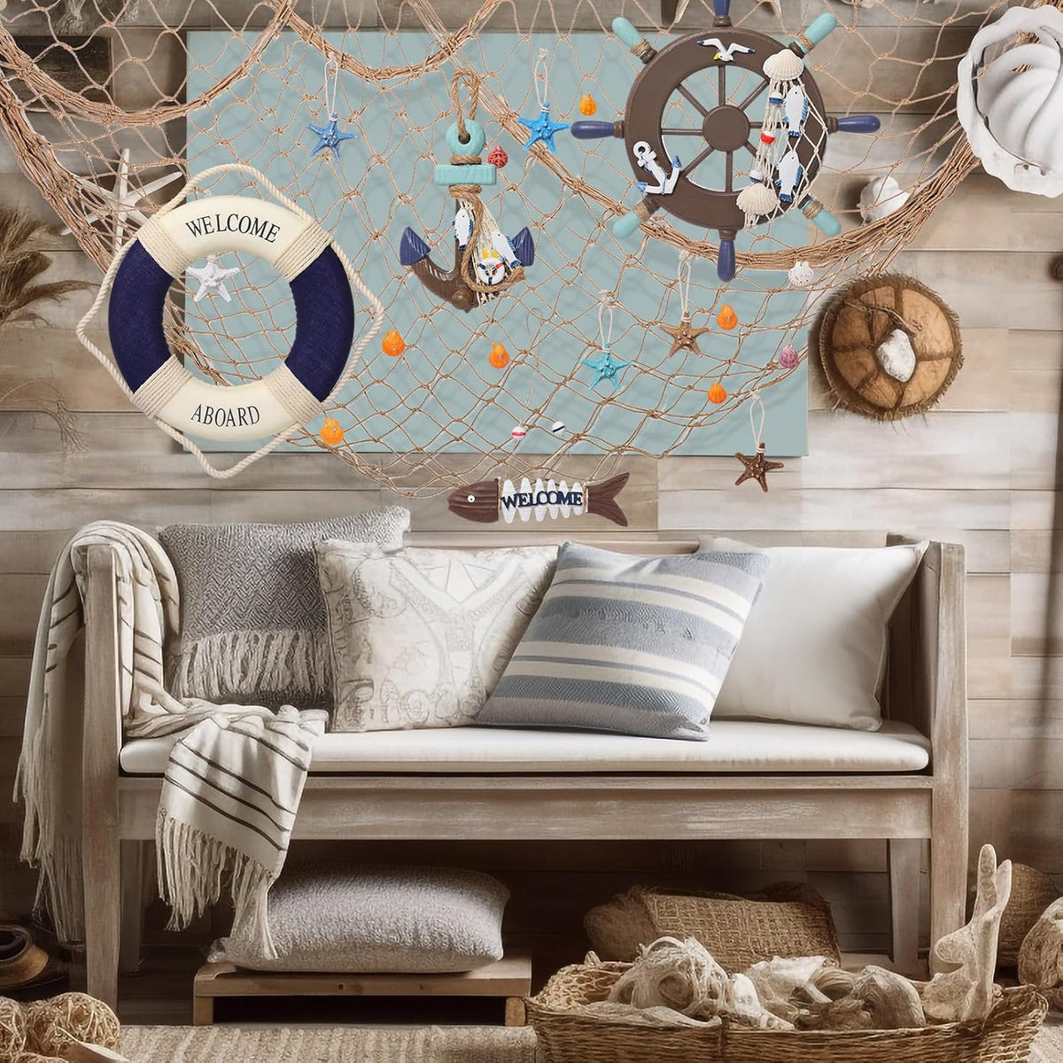 Marsui 11 Pcs Wooden Nautical Wall Decor Fishing Net Decoration, Include Decorative Fishing Net