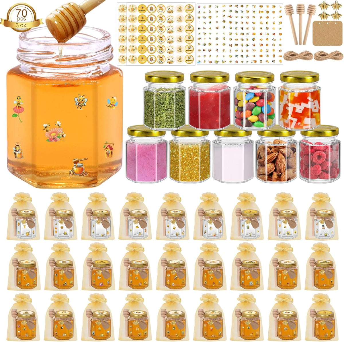 70 Pack 3 oz Mini Hexagon Glass Honey Jars with Dippers, Gold Lids, Bee Stickers, Bee Charms, Gift
