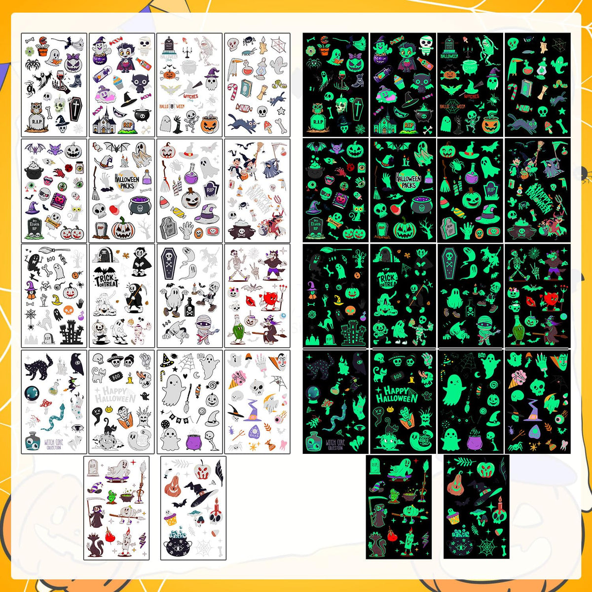 LOMIMOS 320PCS Glow in The Dark Halloween Temporary Tattoos for Kids, Waterproof Scary Removable