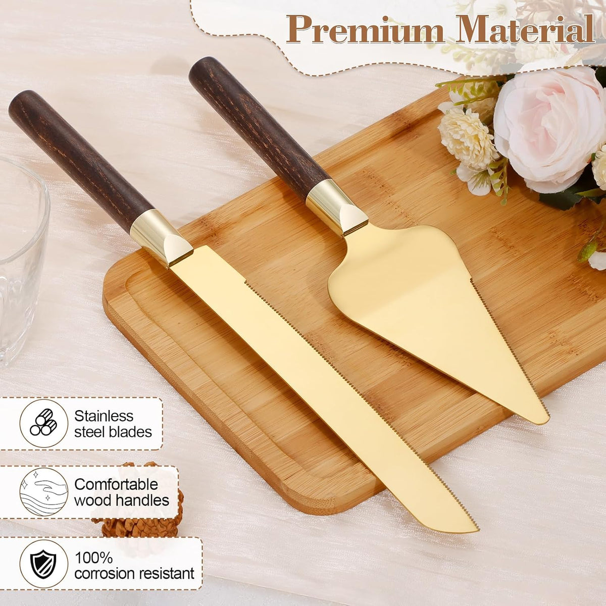 Gold Cake Cutting Set for Wedding, Wood Cake Knife and Server Set, Vintage 2-Piece Pie Cutter Set