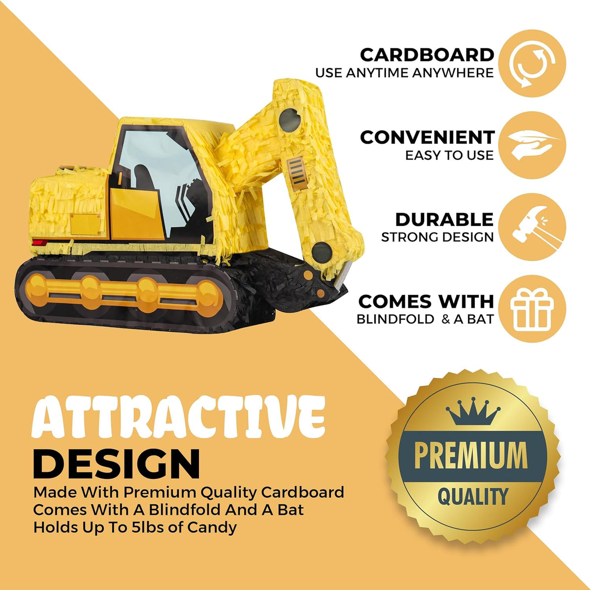 Excavator Pinatas Bundle with a Blindfold and Bat (16.5x11x4.7 inch), Pinata for Construction Theme