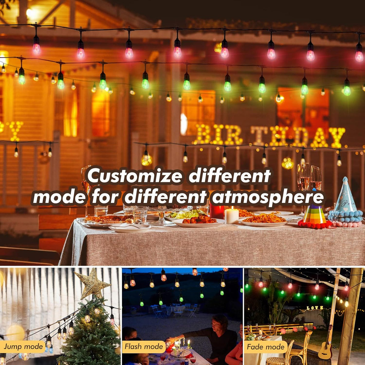 24FT Solar Outdoor String Lights, 12 Shatterproof Edison LED Bulbs, Dimmable RGB Color Changing
