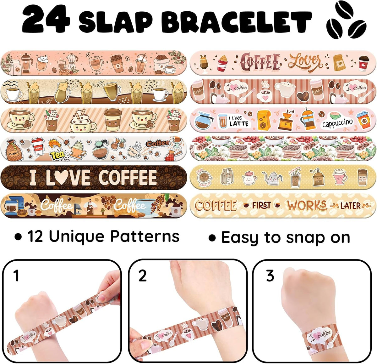 96 PCS Coffee Party Favors Set – 72 Pre-Cut Temporary Tattoos & 24 Slap Bracelets for Kids &