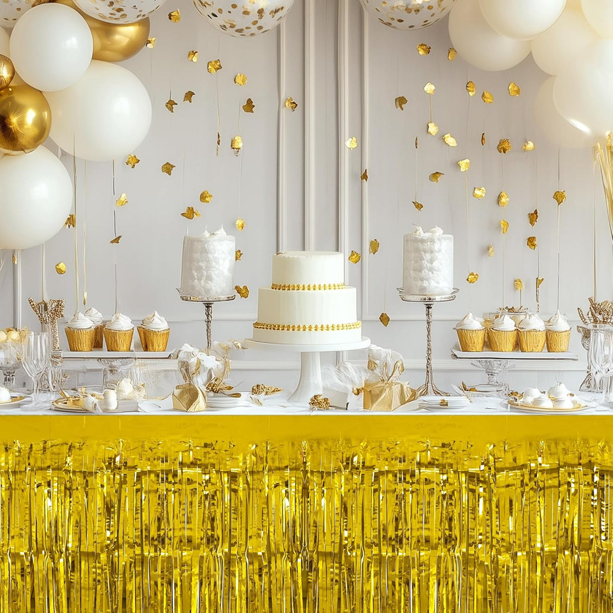 2 Pack Gold Table Skirts, 29x108" Metallic Foil Tinsel Fringe Table Skirts for Rectangle Tables