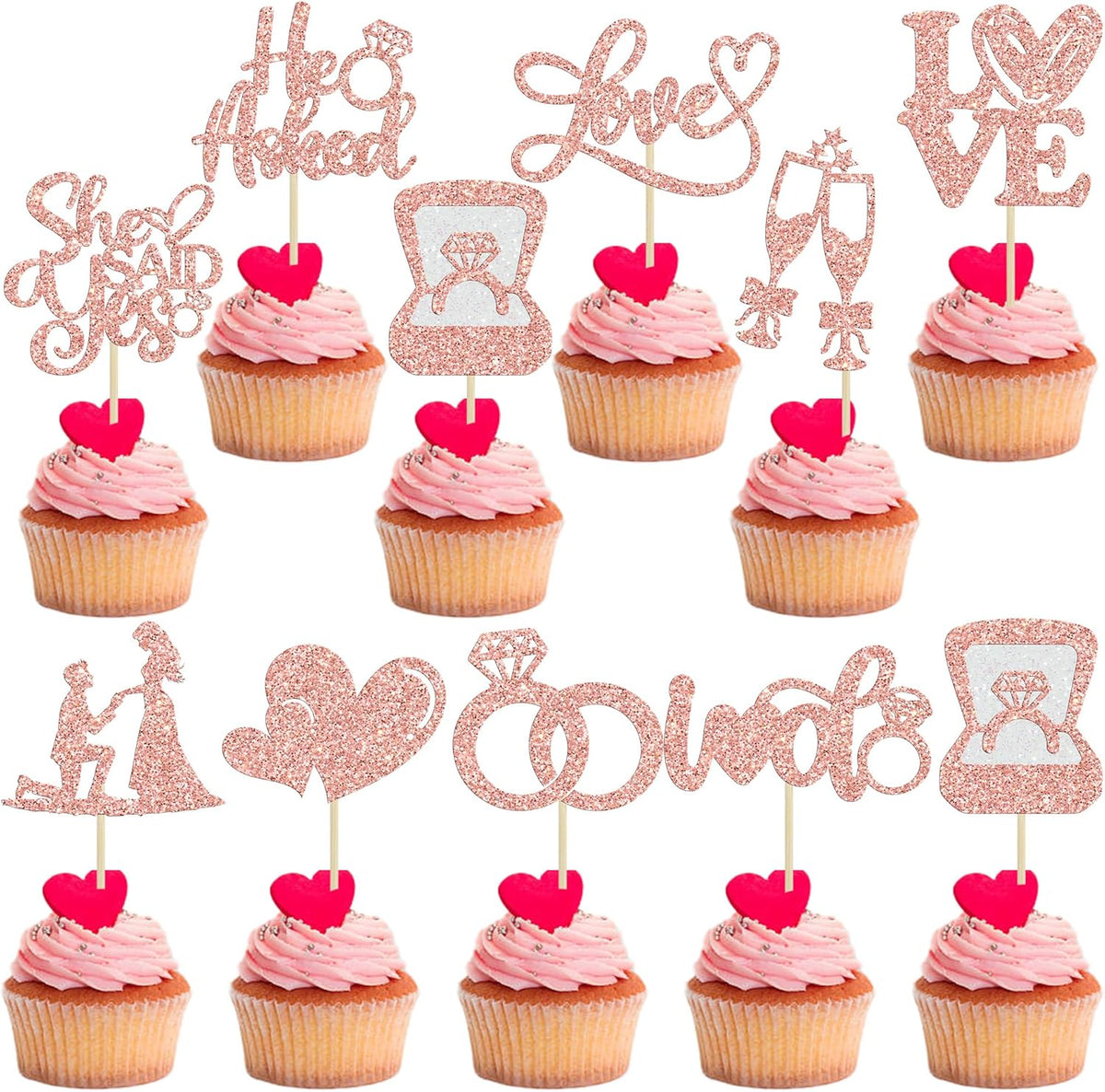 Ephlyn 30Pcs He Asked She Said Yes Cupcake Toppers Glitter Engagement Cupcake Toppers Diamond Ring
