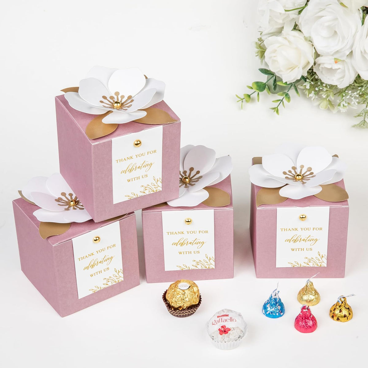 FEIYI 20 PCS Dusty Rose Gift Boxes, 3 In 1 Favor Boxes with Floral Decor, White Thank You Tags