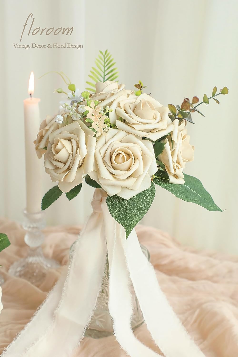 Floroom Artificial Flowers 25pcs Real Looking Beige Foam Fake Roses with Stems for DIY Wedding