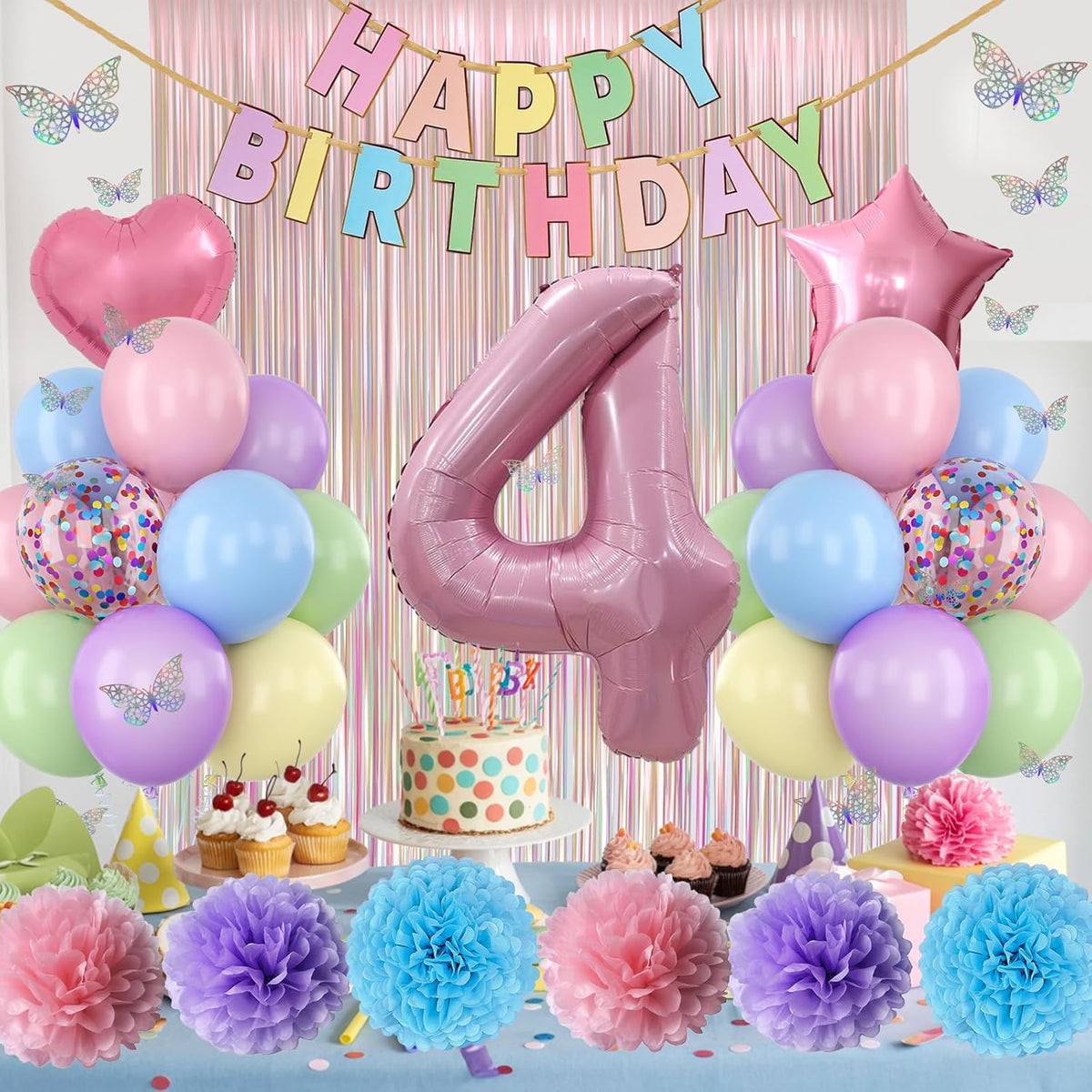 Pastel 4th Birthday Party Decorations for Girls Number 4 Balloon Happy Birthday Banner Butterfly