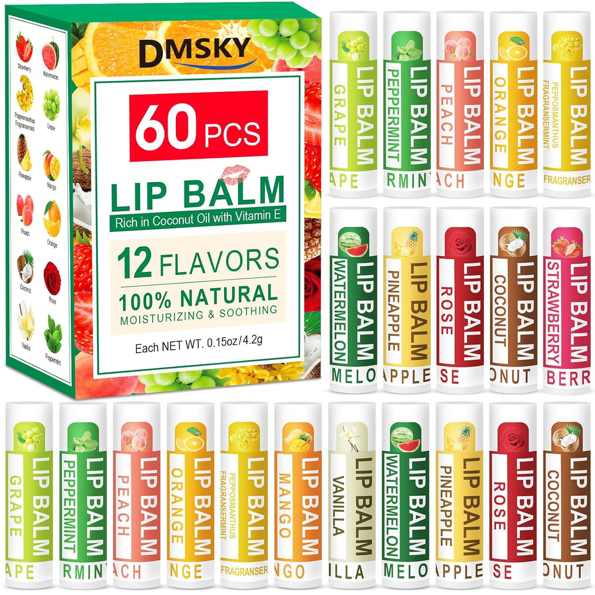 DMSKY Natural Lip Balm Bulk 60 Pack, Moisturizing Lip Balm with Vitamin E and Coconut Oil, Lip Care