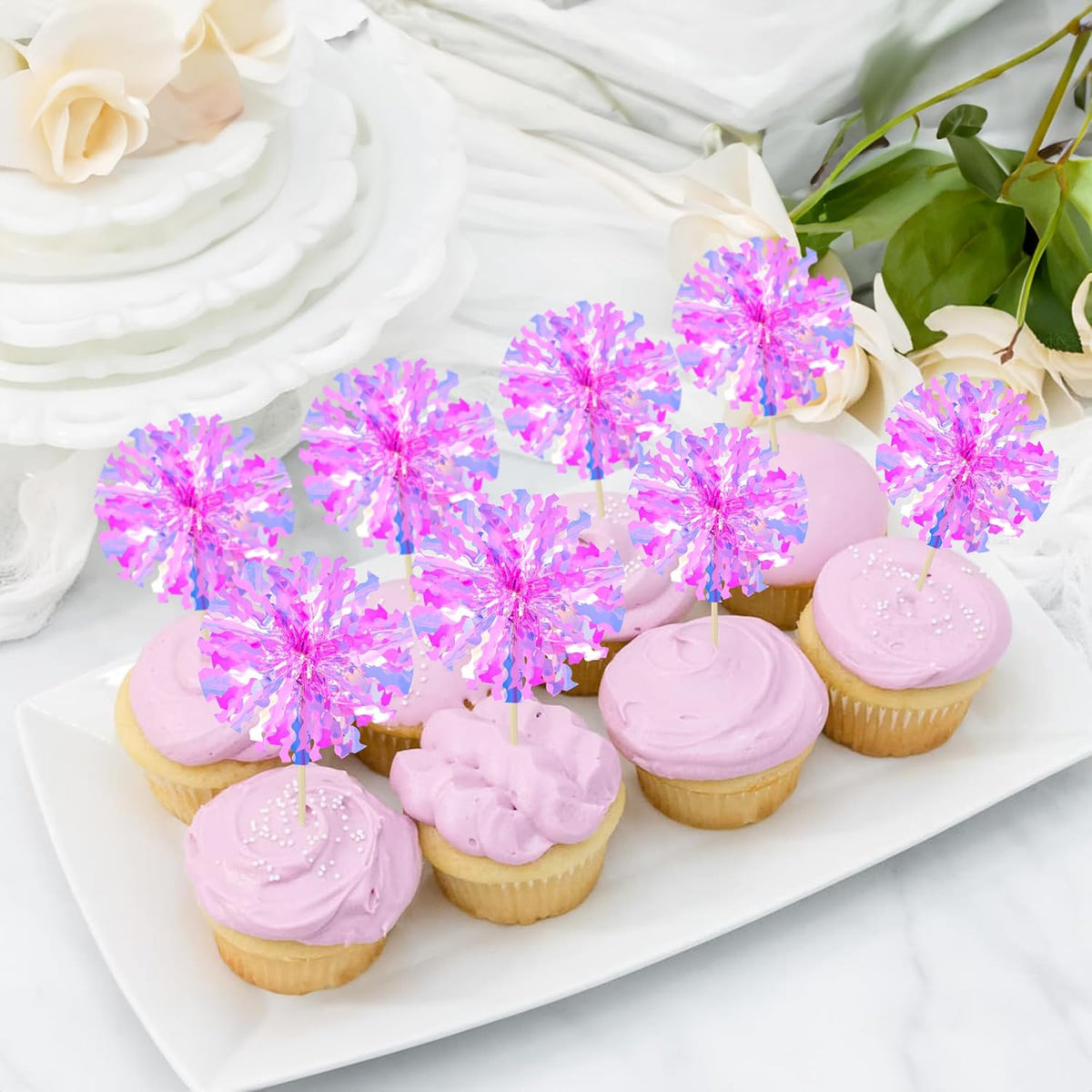 Ephlyn 30Pcs Foil Firework Cupcake Toppers Happy Birthday Cake Toppers Tinsel Flower Drink Stirrers