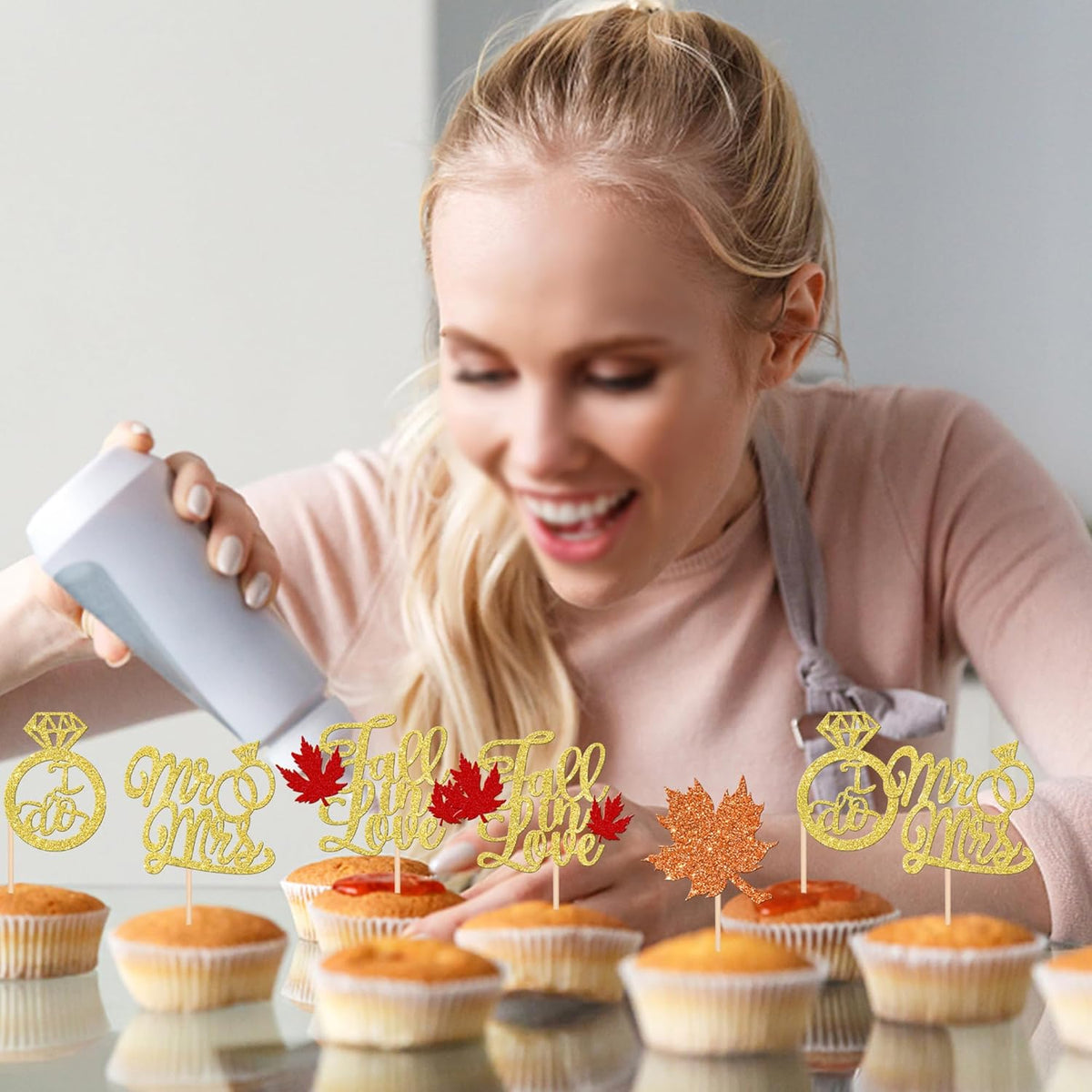 24 PCS Fall in Love Cupcake Toppers Glitter Maple Leaf Cupcake Picks Mr & Mrs Diamond I Do Cupcake