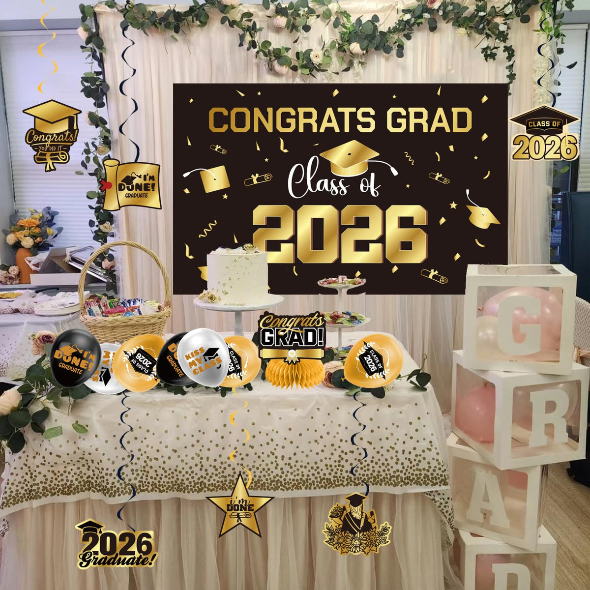 Graduation Decorations 2026 Gold Themed Set - Congrats Grad Banner, Class of 2026 Backdrop