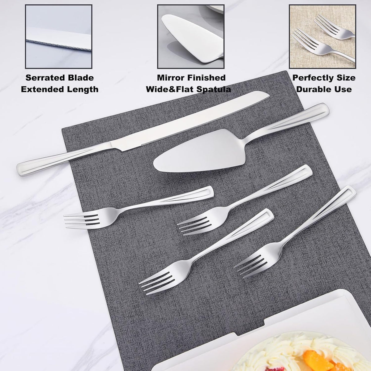 GoGeiLi Cake Knife and Server Set with 4 Salad Forks, Heavy-Duty 18/0 Stainless Steel Cake Cutting