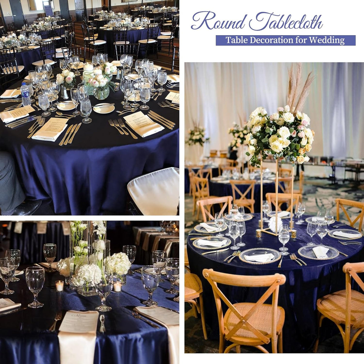 fani 12 Pack 120 Inch Navy Blue Satin Tablecloth - Premium Bright Silky Round Tablecloth Overlay