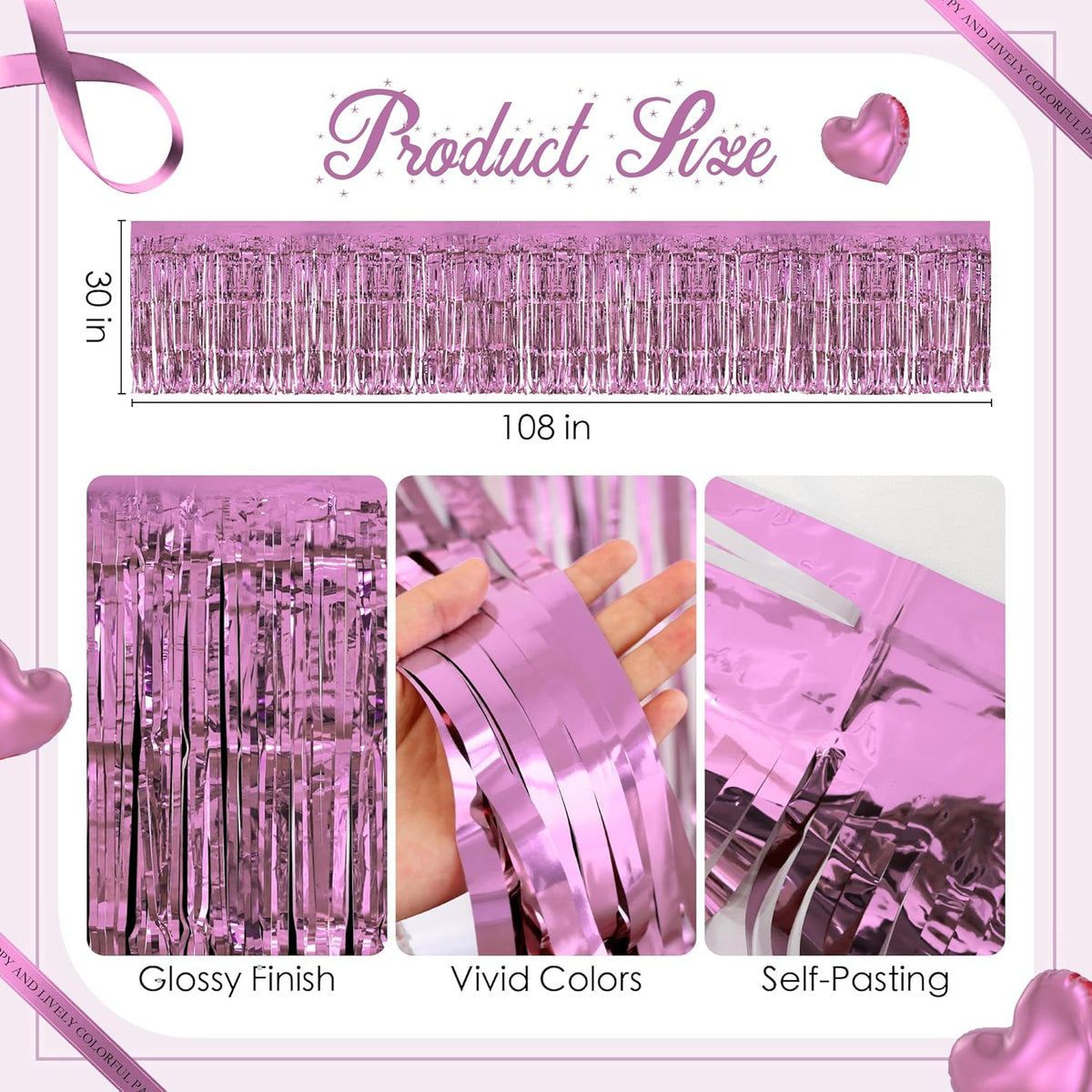 2 Pack Pink Table Skirts, 29x108" Metallic Foil Tinsel Fringe Table Skirts for Rectangle Tables
