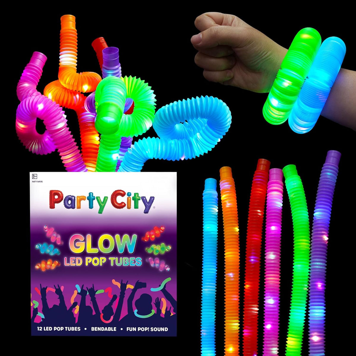 Party City 12pk LED Light Up Pop Tubes 25”- 3 Mode Stretchy Tubes LED Light Up Toys Bulk Glow