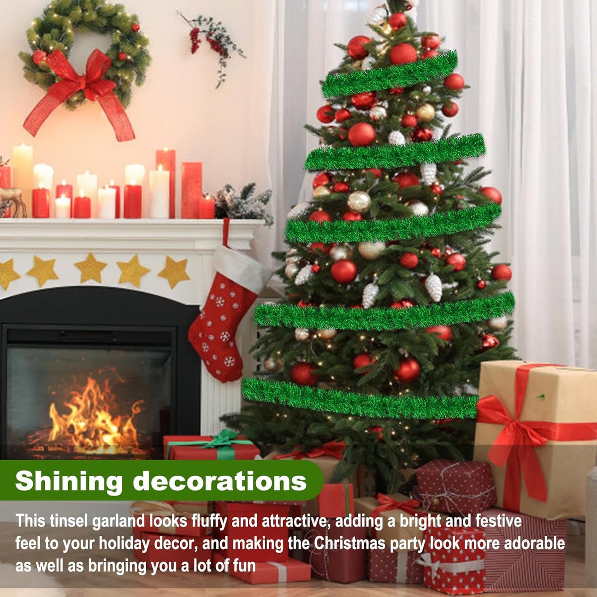25 Feet Green Christmas Tinsel Garland, Metallic Foil Twist Garland Wall Hanging Tinsel Banner