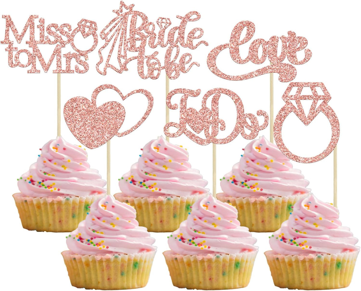 Gyufise 24Pcs Bride to Be Cupcake Toppers Rose Gold Glitter I Do Love Heart Ring Miss To Mrs