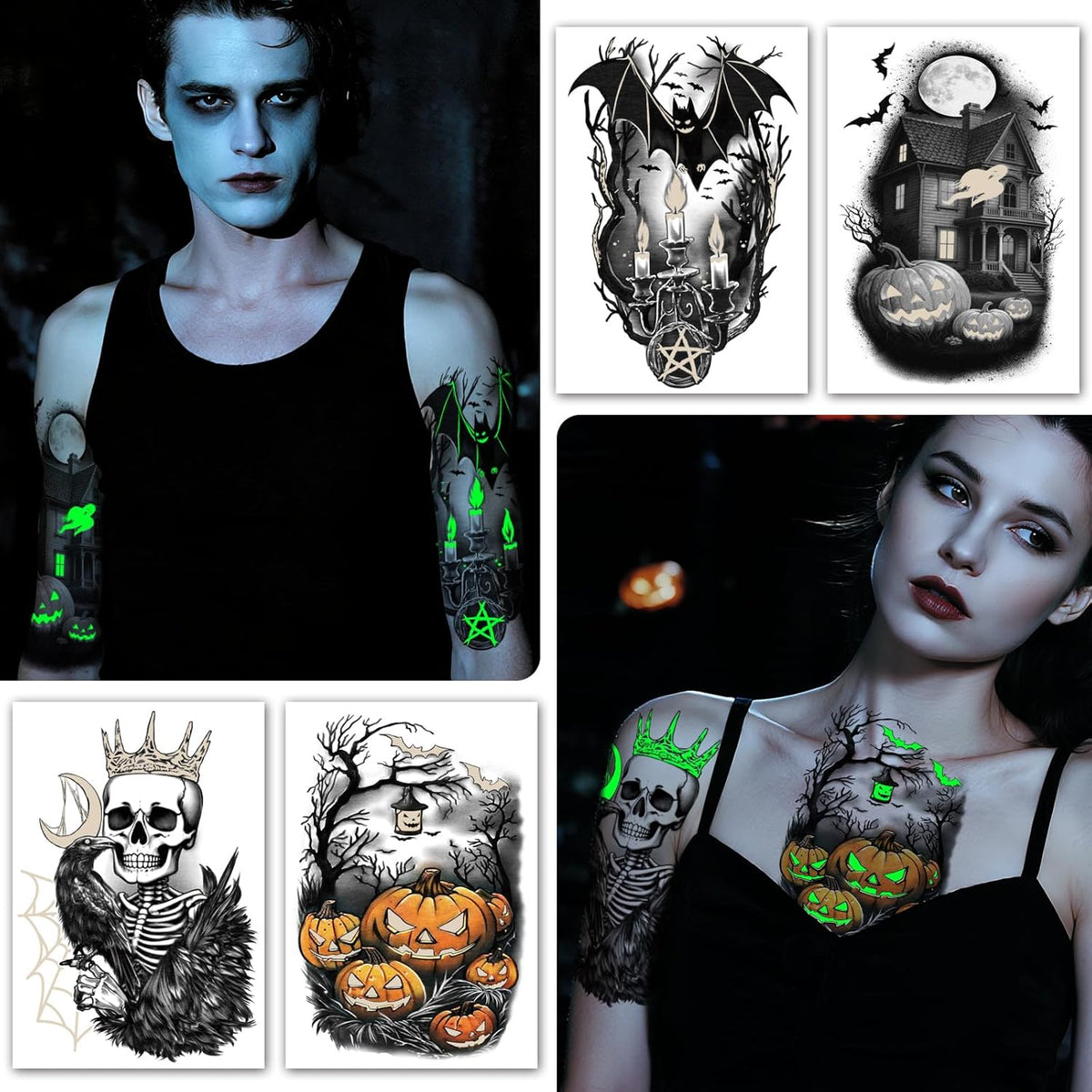 39 Sheets Halloween Glow Up Temporary Tattoos Women Men Adults, Skeleton Death Skull Pointed Black
