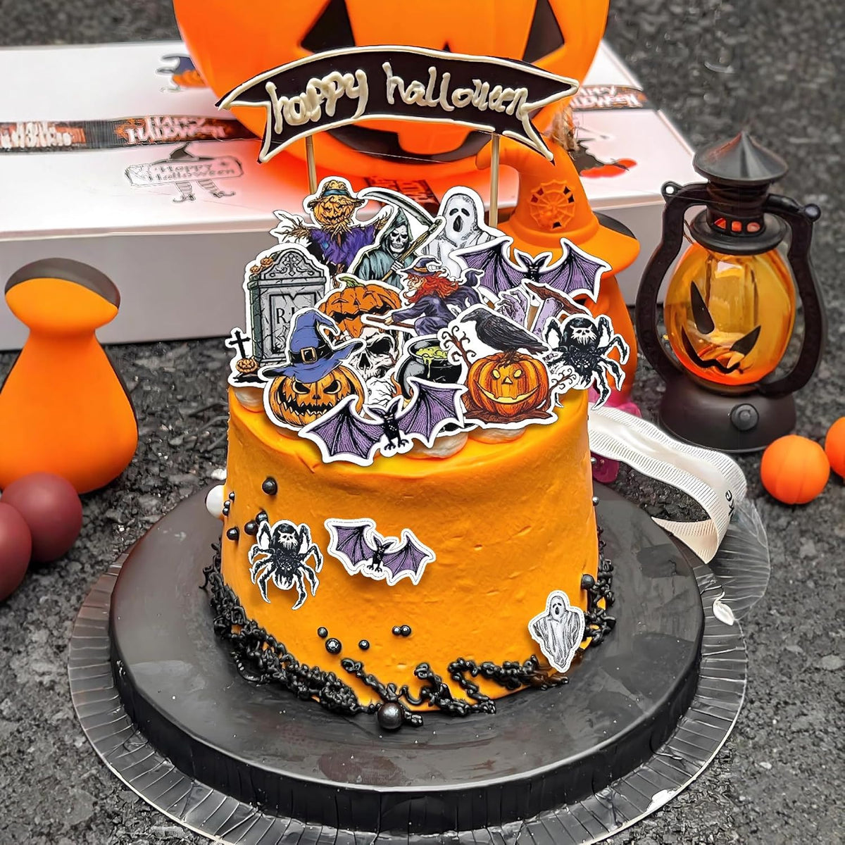 48pcs Edible Halloween Themed Pumpkin for Cake Decorating Spider Cupcake Toppers Bat Wedding Themed