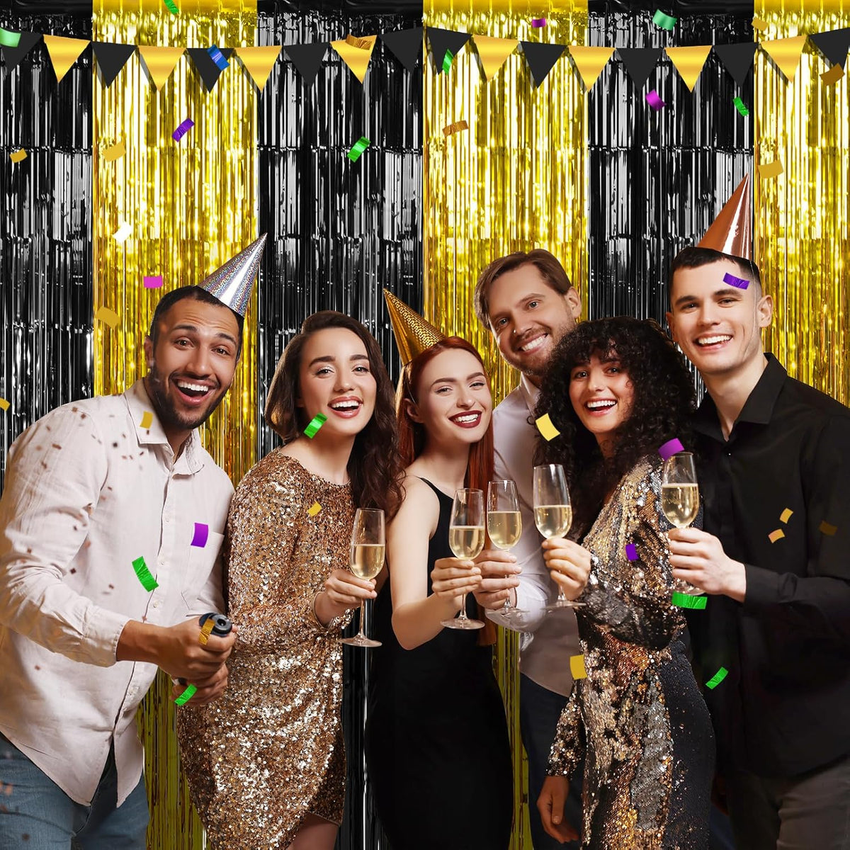 3Pack 3.3Ft x 6.6Ft Graduation Foil Fringe Curtain Backdrop Decorations, Black Gold Metallic Tinsel