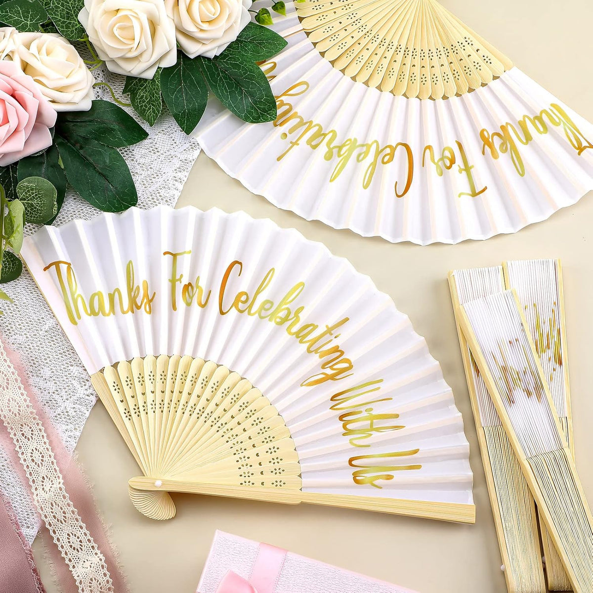 Jetec 50 Pcs Wedding Fans for Guests Bulk Silk Hand Fans Handheld Folded Thank You for Celebrating